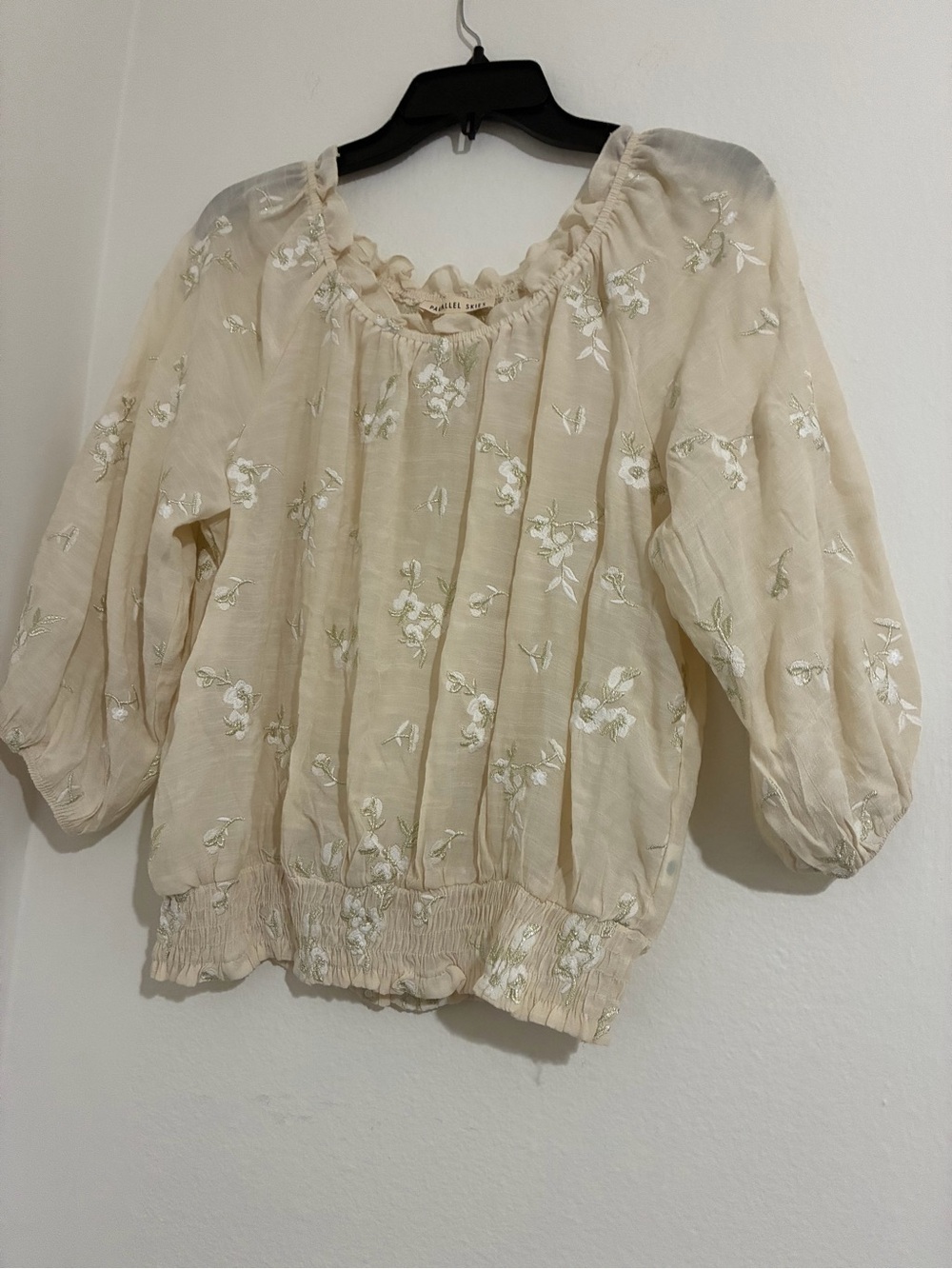 Cream Floral Embroidered Peasant Blouse with Smocked Hem